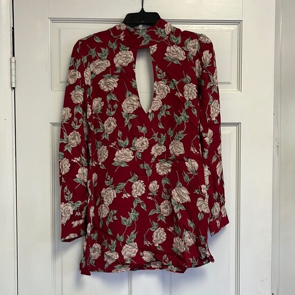 Flynn Skye Maroon Floral Rose Keyhole Mini Collared Tunic Dress - NEW! - Picture 1 of 6